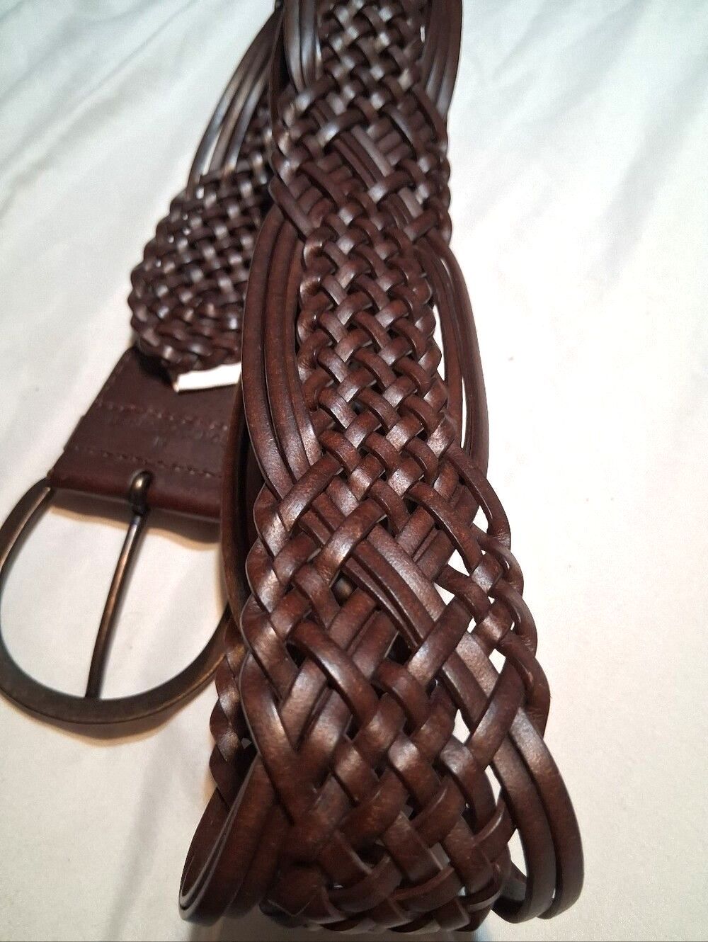 Woven Braided Bonded Leather Belt Dark Brown Antique Brass Buckle Adjustable - Picture 5 of 7